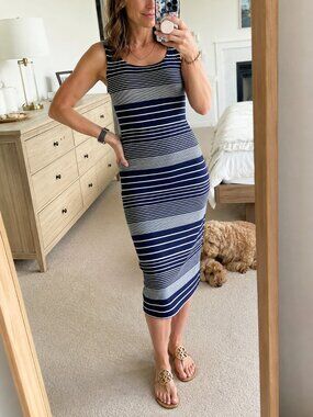 Maeve Anthropologie Navy Stripe Stretch Midi Dress XS Lined Bodycon